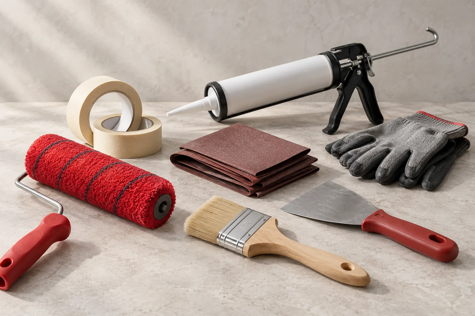 Kırmızı rulo, fırça, maskeleme bandı, spatula ve uygulama sarfları